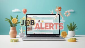  indicate in big fonts job alerts flat style illustration of job notification, naukri vala listings on a laptop, simple modern design, clean and minimal background, friendly colors. 